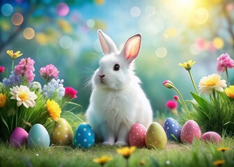 Adorable Easter Bunny Posing with Spring Flowers - Copy Space