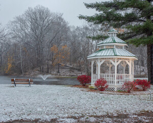 Snowfall on a peaceful gazebo
