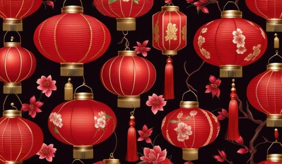 A vibrant pattern of red Chinese lanterns and delicate pink blossoms against a deep black background.