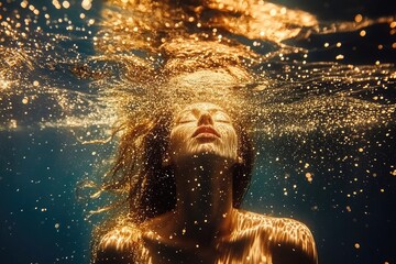 Elegant underwater glitter particles in shimmering gold tones, evoking a magical and luxurious aesthetic