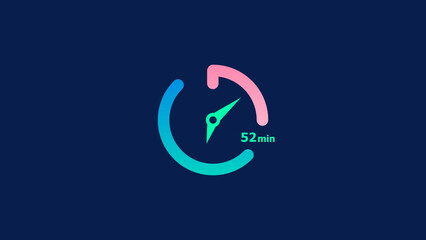 52 minute clock icon timer colorful 4k illustration. Abstract dark blue background 4k illustration.