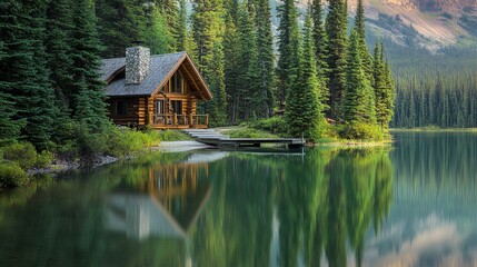 A peaceful lakeside cabin nestled among tall evergreens, with a dock extending into calm waters