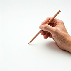 closeup hand holding pencil over blank white background