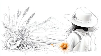 Illustration of a traveler in a hat gazing at the serene mountain landscape with floral elements.