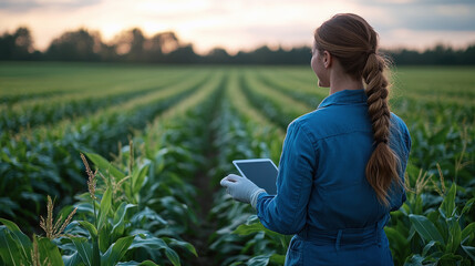 Australian woman farmer agronomist using digital tablet for examining corn
