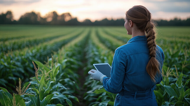 Australian woman farmer agronomist using digital tablet for examining corn - Powered by Adobe