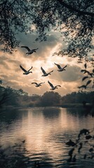 Obraz premium Birds in Flight over a Calm Lake at Sunset