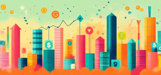 Colorful cityscape illustrating financial growth, with rising buildings, upward arrows, and currency symbols.