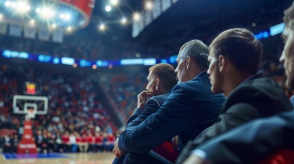 Coaches and players collaborating on game strategies during basketball timeout session