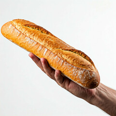 closeup of a hand holding a freshly baked baguette with a white background