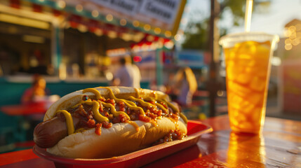 A close-up view of a chili dog accompanied by a refreshing drink, set against the vibrant backdrop of a fair during sunset.