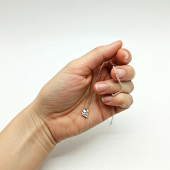 close up of a hand holding a silver heart necklace on white background