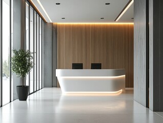 Reception desk and view on hallway in modern hotel.