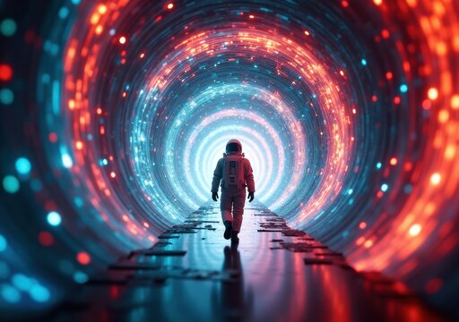 Astronaut walking through a vibrant, glowing tunnel in a futuristic setting - Powered by Adobe