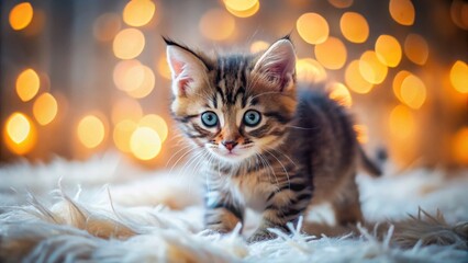 Adorable Kitten Playing on Fluffy Rug, Miniature Tilt-Shift Photography
