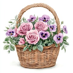 Obraz premium Basket of Pink Roses and Purple Flowers, Beautiful wicker basket filled with pink roses, purple flowers, and lush green leaves, creating a charming floral arrangement perfect for gifts and decor.