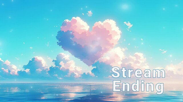 Calm ocean at dusk with a heart-shaped cloud above. stream ending overlay seamless loop Vtuber streamer asset twitch zoom OBS screen animated wallpaper virtual background