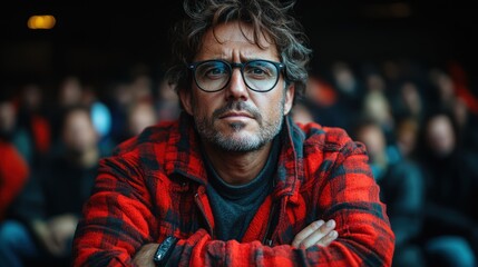 Obraz premium A thoughtful man in a red plaid shirt gazes intently, surrounded by a blurred crowd.