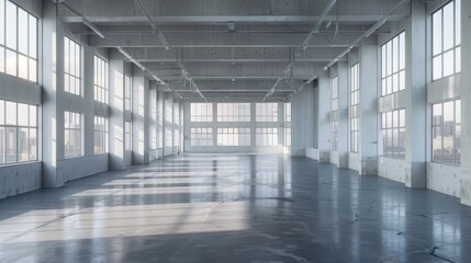 Modern huge concrete material empty hall with big white glowing windows.