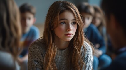 Fototapeta premium A caring young female psychologist offering comfort to a boy, surrounded by attentive children and teenagers in an open support group circle