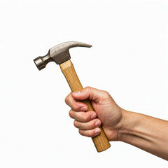 closeup of a hand holding a hammer isolated on white background