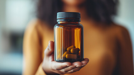 Beautiful woman holding a supplement bottle in hand, ready for use, minimalistic background