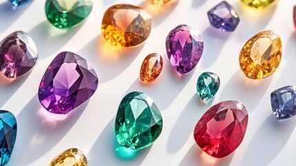 Fototapeta premium A colorful collection of gemstones, with emerald, sapphire, and ruby gleaming from various angles on a white background, reflecting light in stunning patterns