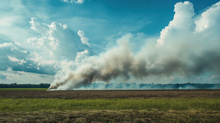 Obraz premium Smoke and Mirrors: A dramatic and unsettling photograph of a field burning in the distance, with thick plumes of smoke billowing into the sky.