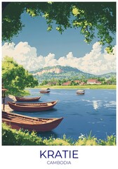 Obraz premium Kratie Cambodia Travel Poster Flat Illustration Print Decor Gift Canvas Wall Art Gift