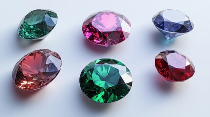 Fototapeta premium A dazzling collection of gemstones, featuring emerald, sapphire, and ruby, displayed from various angles on a clean white background, showcasing vivid colors and shine