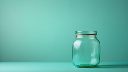 Empty Glass Jar Highlighted Against a Clean Green Background, Ideal for Branding and Marketing Use