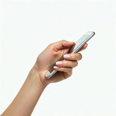 Fototapeta premium closeup of female hand holding white smartphone with neutral background
