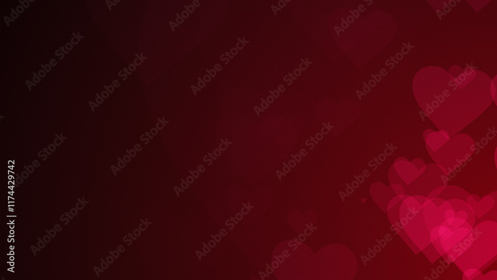 Poster red heart shapes are moving from the bottom right of a gradient grid abstract background, horizontal