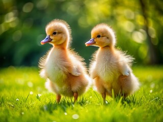 Adorable Pomeranian Geese Couple on Lush Green Grass - Candid Photo