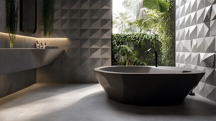 A futuristic semigloss triangular tile design with 3D black block structures