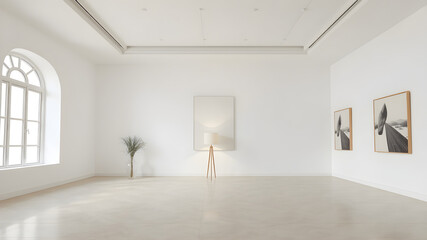 Generate a highly realistic image of a completely empty interior of modern architecture, in an elegant style, showcasing a minimalist design. There should only be a lamp  and  paintings .