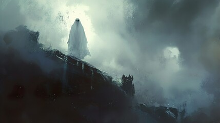 Fototapeta premium Ghostly Figure on a Cliff, Eerie Fog, Spooky Scene