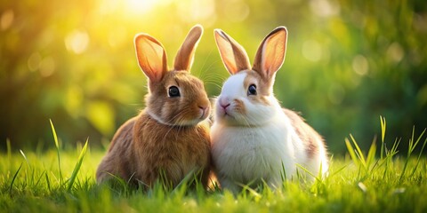 Fototapeta premium Adorable Rabbits on Green Grass: Sweet Couple of Bunnies in Meadow