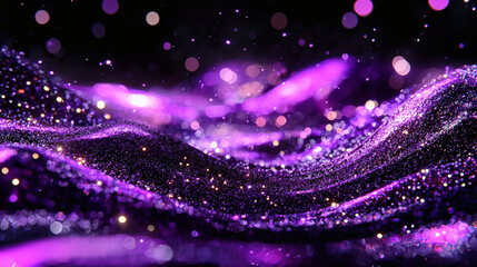 Abstract purple wave with glitter particles and bokeh lights on black background.