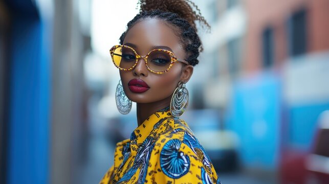 A model strutting confidently in fashionable clothes, showcasing the latest fashion trends with bold designs and vibrant patterns on the urban streets.