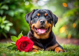 Fototapeta premium Adorable Rottweiler Puppy with Rose, Macro Garden Photography