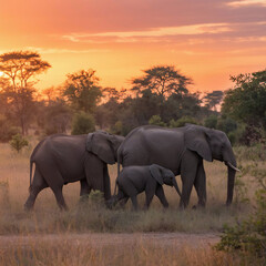 Fototapeta premium Elephant family walking across a savannah under a golden sunset