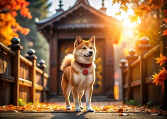 Adorable Shiba Inu Puppy Guarding Gate - Japanese Autumn Garden Setting