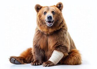 Fototapeta premium Adorable Smiley Bear with Broken Leg, Isolated on White Background