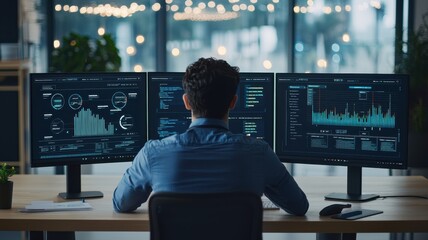 A person analyzes data on multiple computer screens in a modern office, showcasing technology and analytics in a professional environment.