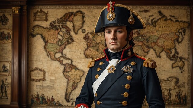 A majestic wooden carving of Napoleon Bonaparte, depicted in military attire, surrounded by carved maps, cannons, and imperial symbols.
