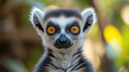 A stunning portrait of a Lemur Catta, featuring its expressive eyes and soft fur, standing out in a raw, natural background, highlighting its curious nature.