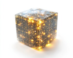 Obraz premium A glowing glass cube filled with sparkling stars and a mystical aura.
