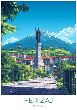 Ferizaj Kosovo Travel Poster Flat Illustration Print Decor Gift Canvas Wall Art Gift