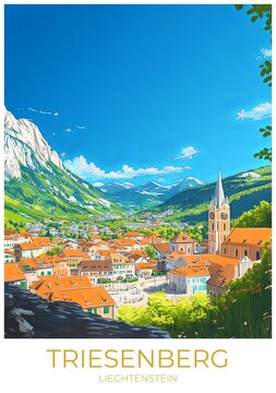 Triesenberg Liechtenstein Travel Poster Flat Illustration Print Decor Gift Canvas Wall Art Gift